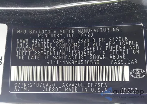 2021 Toyota Camry Se from USA, damaged, VIN 4T1T11AK9MU516559